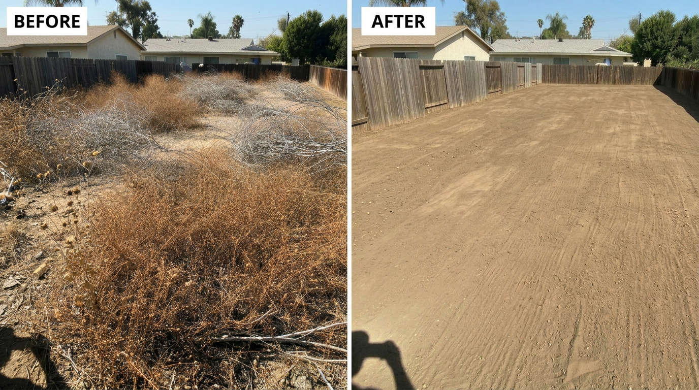 Backyard before and after weed abatement — overgrown weeds cleared to bare dirt